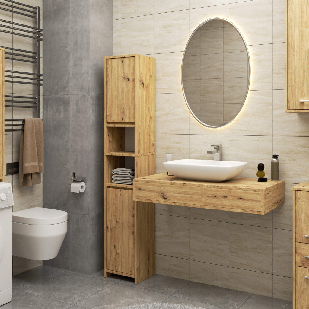 Dulap de baie tip coloana, cu 2 usi si 4 rafturi, PAL 16 mm, 32x28x180 cm, stejar artisan
