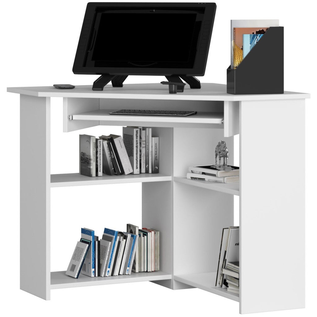 Birou de colt TED, cu rafturi si polita glisanta pentru tastatura, 80x80x74 cm, alb