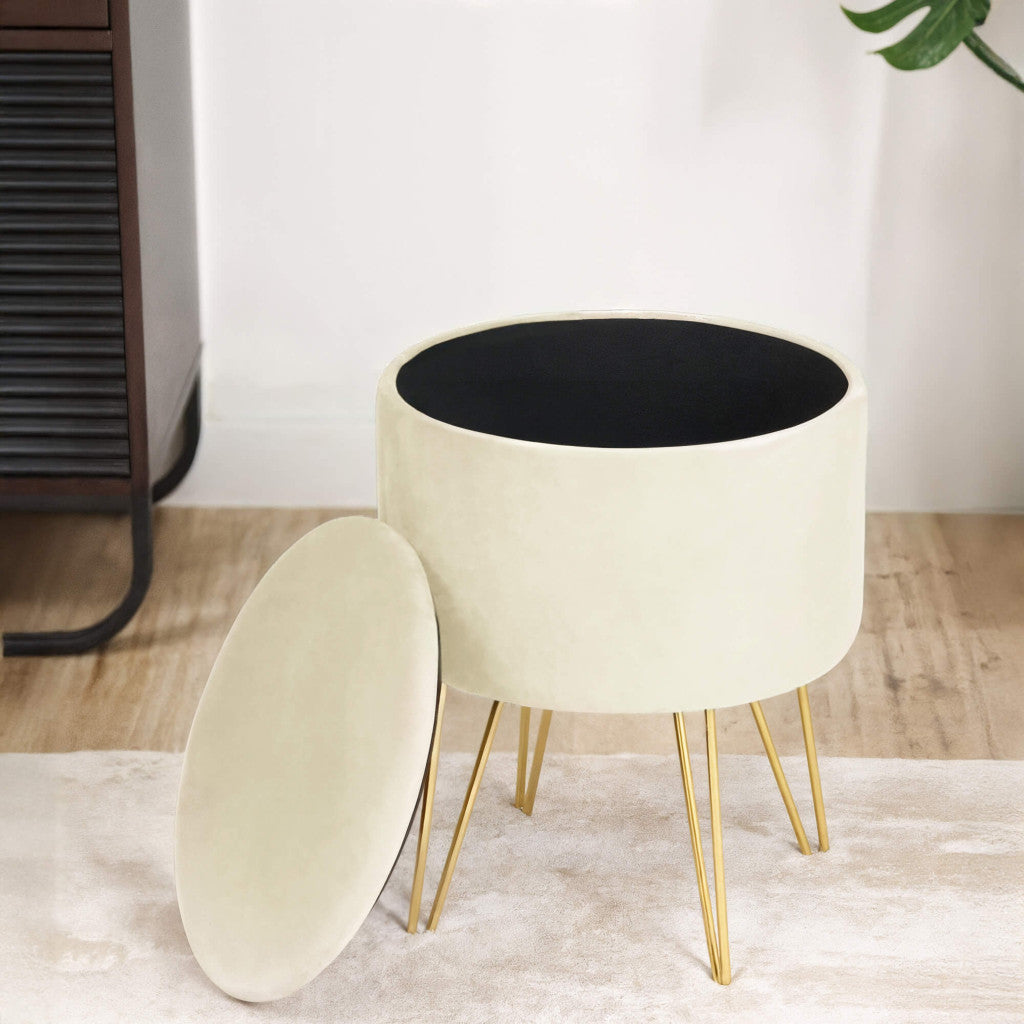 Taburet tapitat rotund Lili cu spatiu de depozitare, velur, 35x35x45 cm, crem