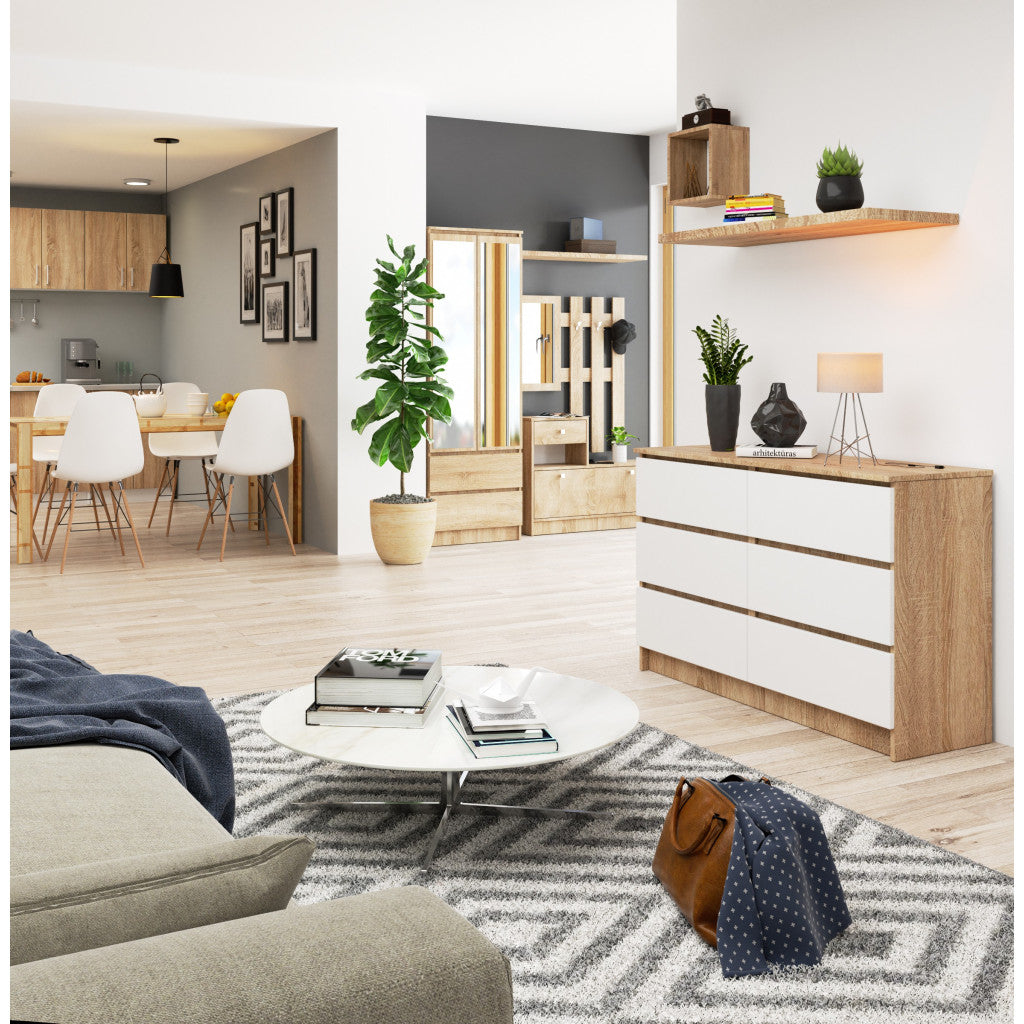 Comoda cu 6 sertare, PAL laminat, 120x40x77 cm, stejar sonoma si alb mat