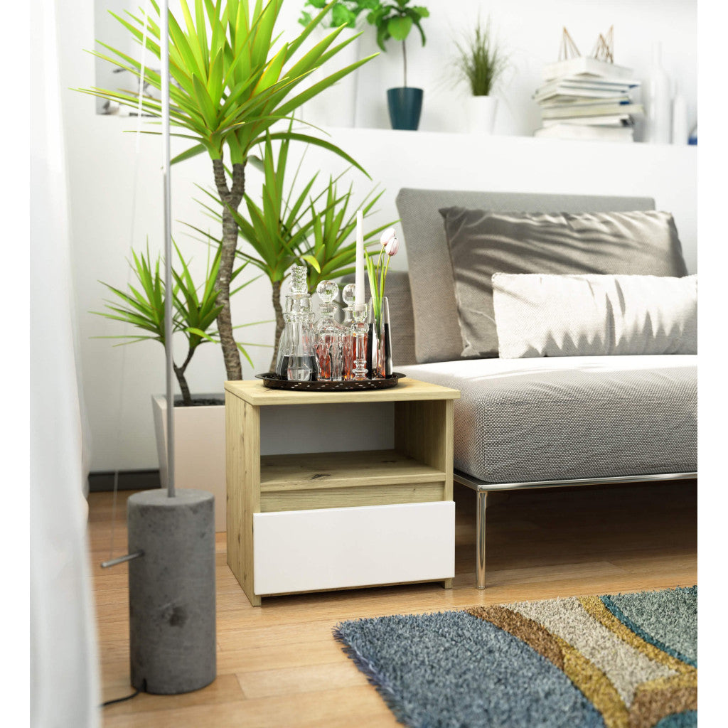 Noptiera cu 1 sertar, PAL laminat 16mm, 40x35x40 cm, stejar artisan si alb