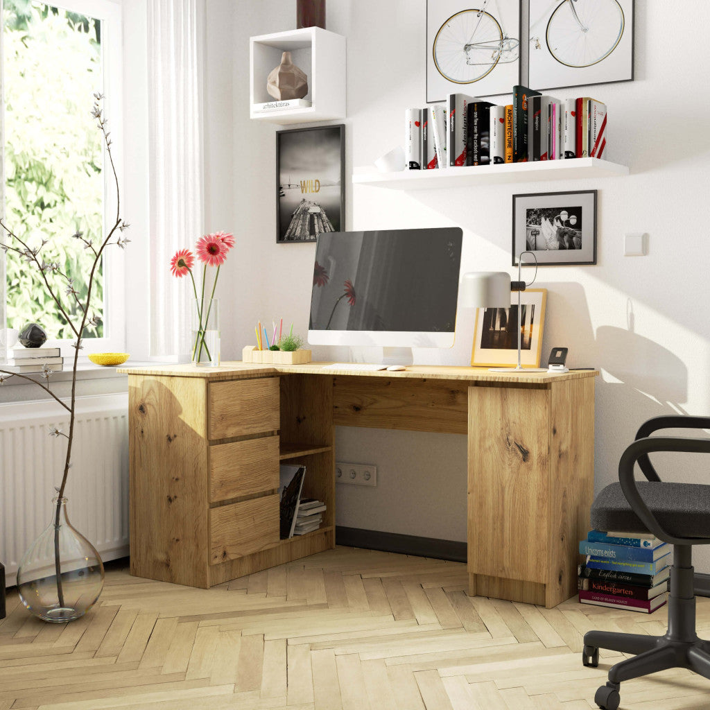 Birou colt stanga in L cu 3 sertare si rafturi, PAL laminat 16 mm, 155x85x77 cm, stejar artisan