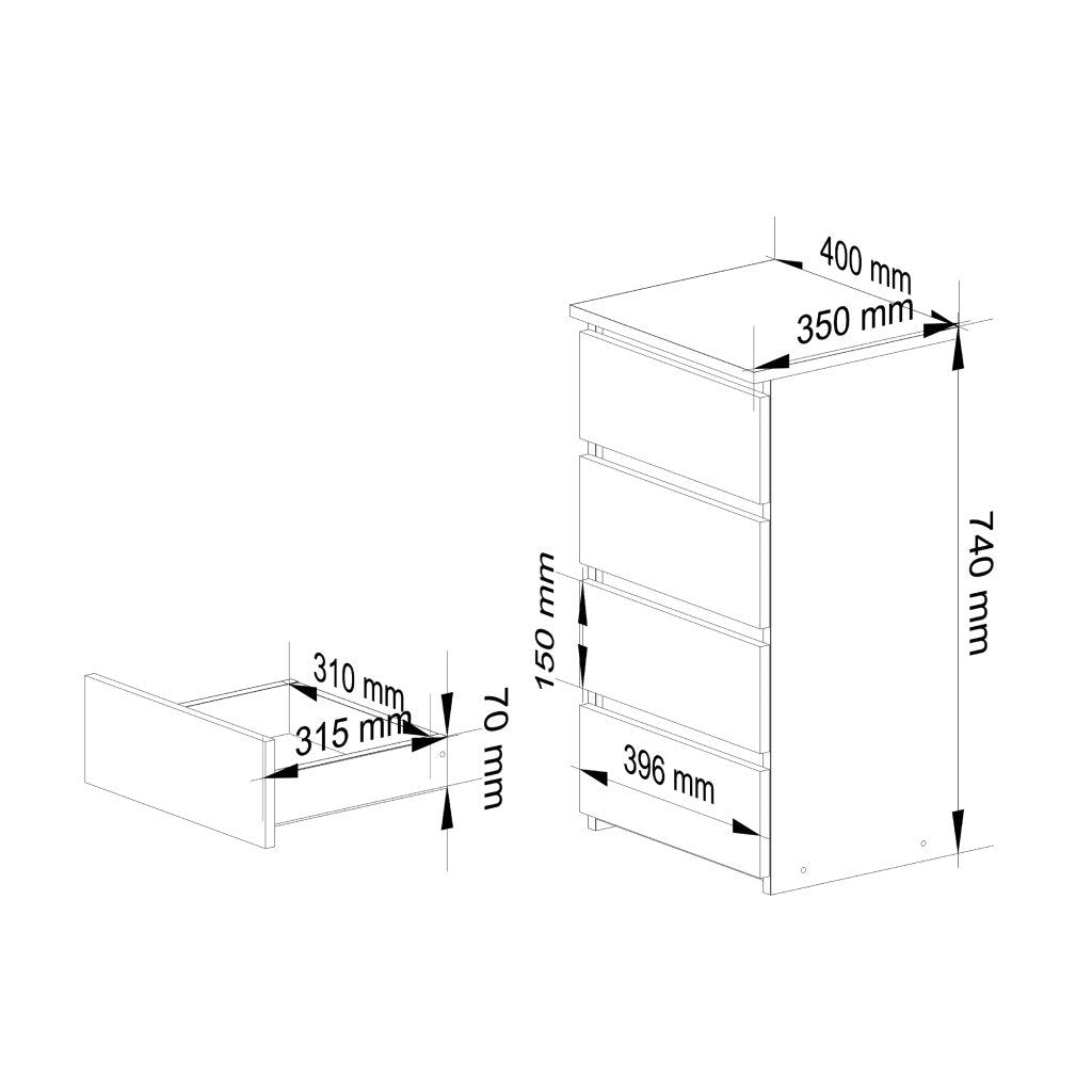 Comoda cu 4 sertare, PAL laminat 16mm, 40x35x74 cm, gri grafit