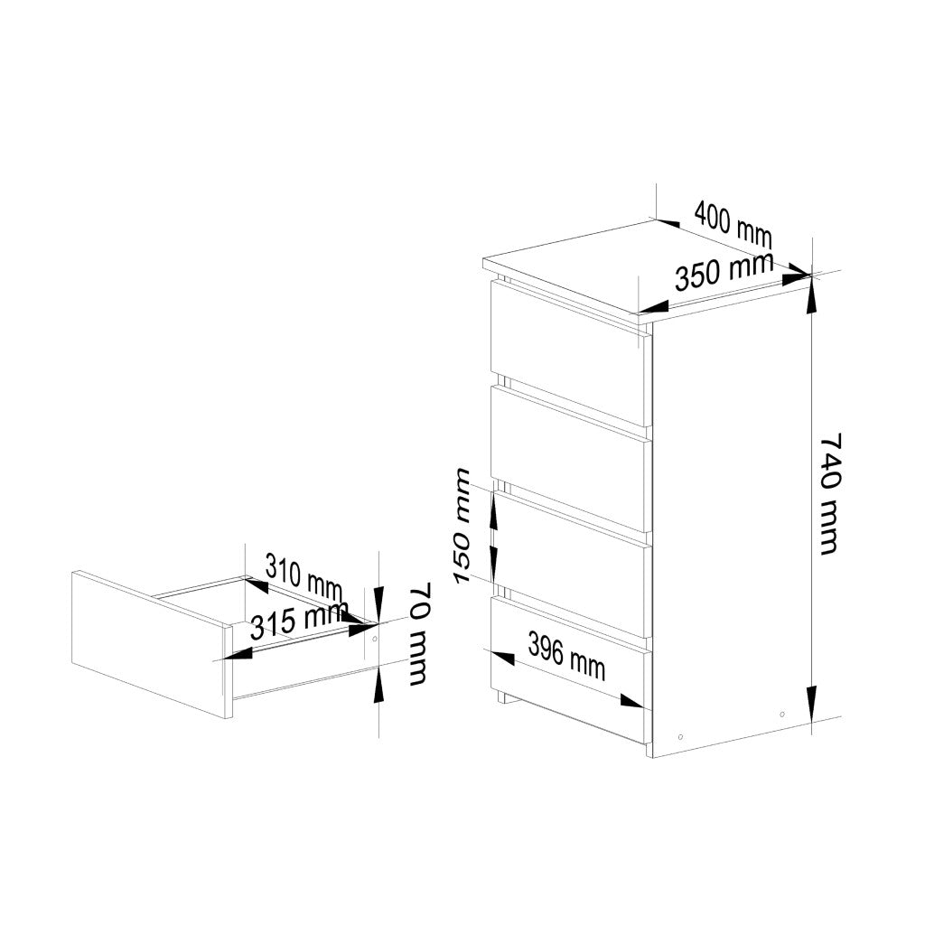 Comoda cu 4 sertare, PAL laminat 16mm, 40x35x74 cm, gri si stejar artisan