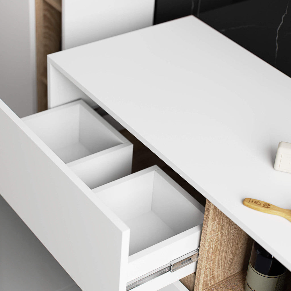 Etajera de baie suspendata, cu 2 sertare, PAL 16 mm, 90x46x60 cm, alb si stejar sonoma