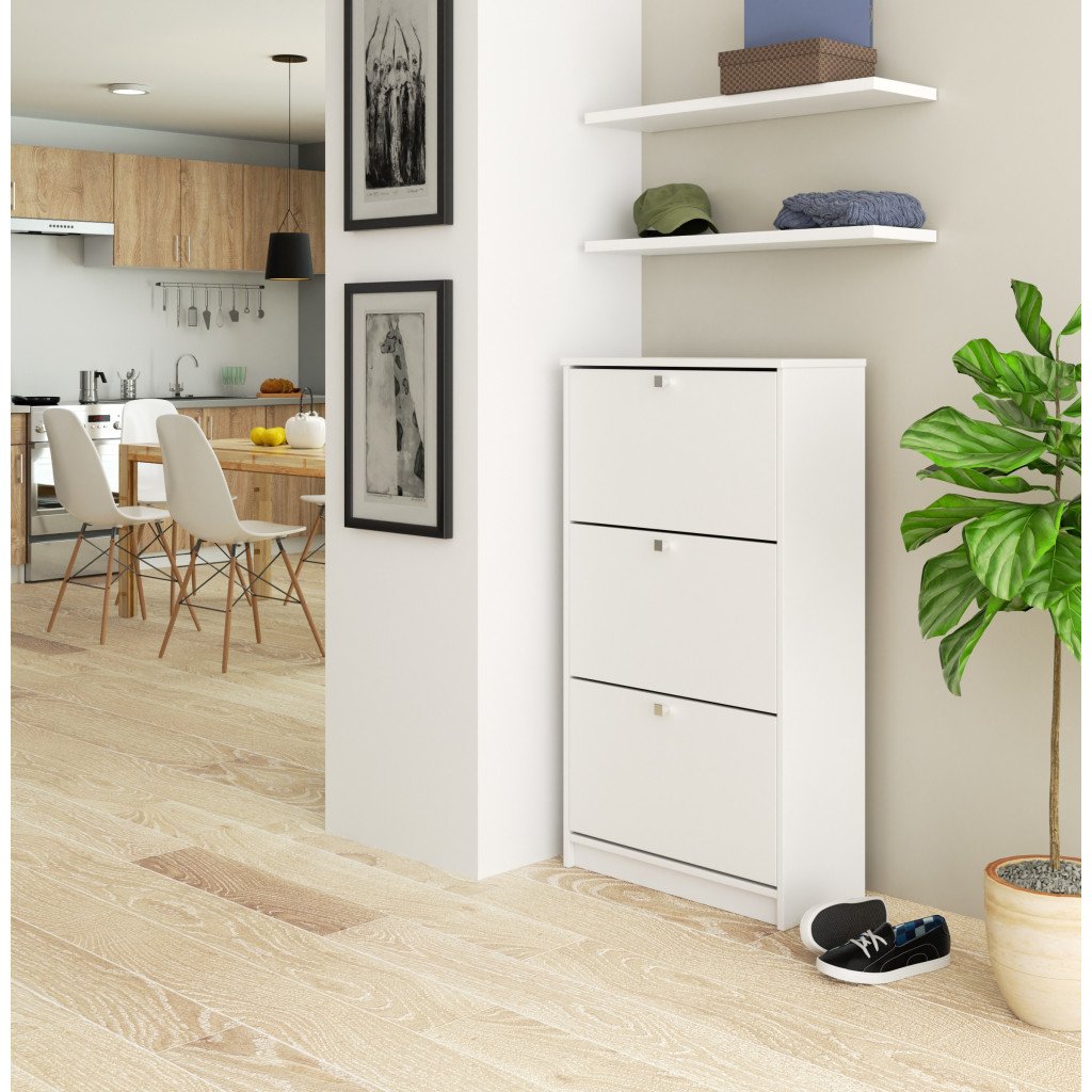 Dulap pantofi cu 3 usi rabatabile, PAL laminat 16 mm, 60x29x113 cm, alb