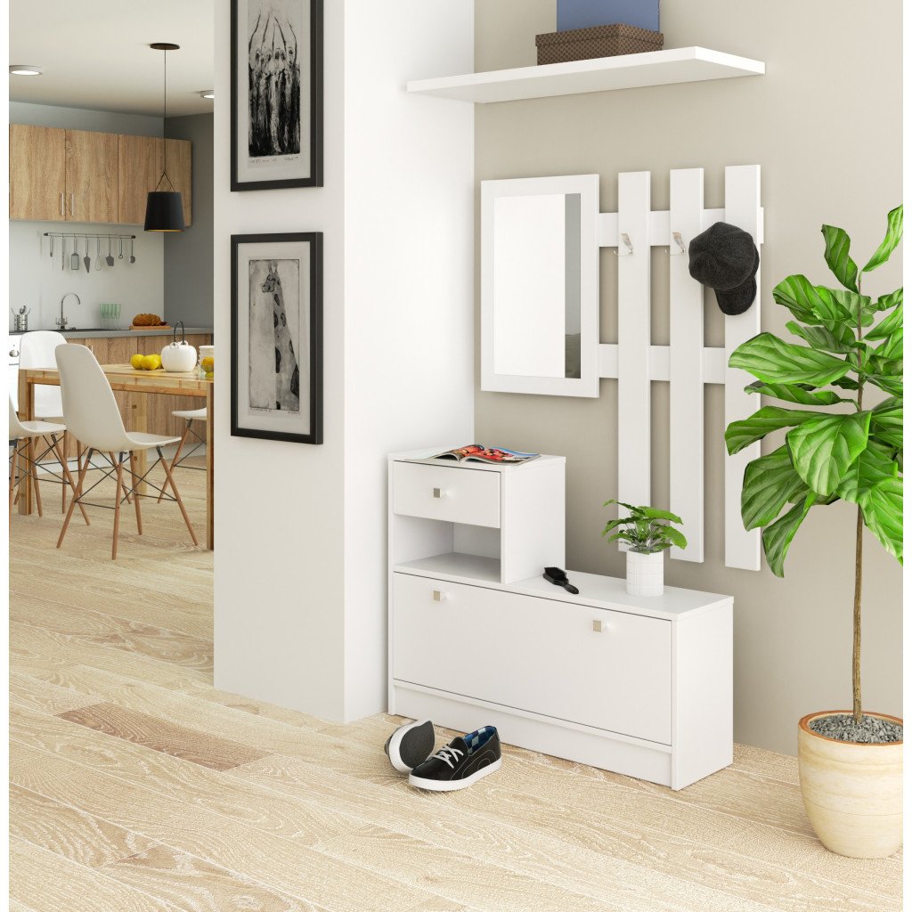Set mobilier hol cu pantofar, oglinda, sertar si cuier metalic, PAL laminat, 90x25x170 cm, alb
