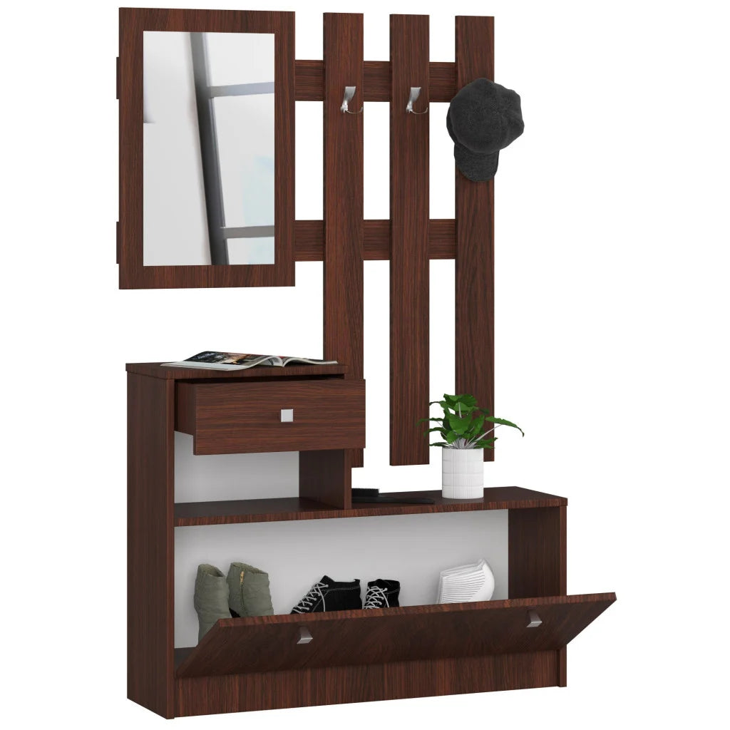 Set mobilier hol cu pantofar, oglinda, sertar si cuier metalic, PAL laminat, 90x25x170 cm, maro