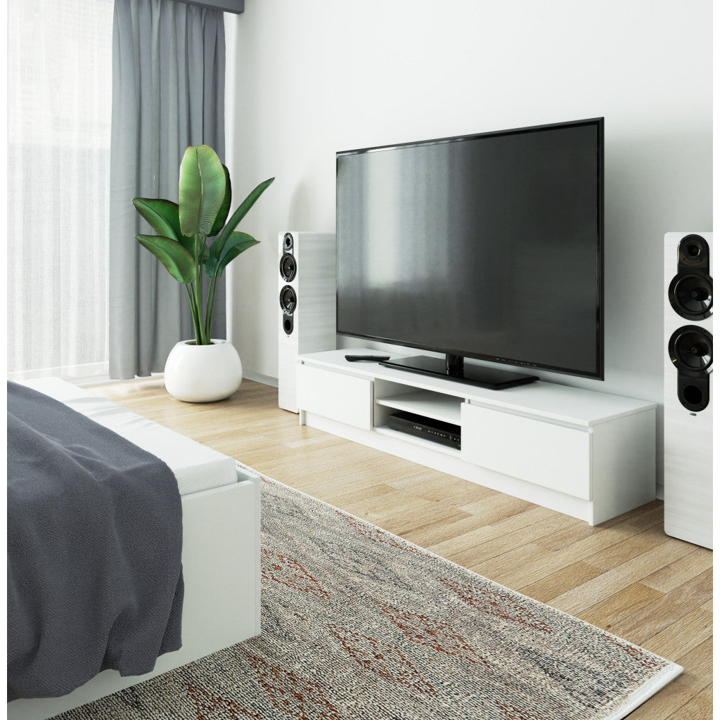 Comoda TV cu 2 usi si rafturi centrale, PAL laminat, 160x40x33 cm, alb mat