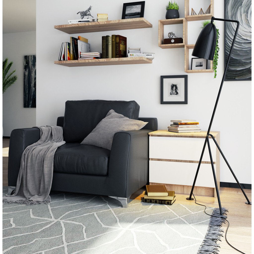 Noptiera cu 2 sertare din PAL laminat 16 mm, 60x40x55 cm, stejar sonoma si alb