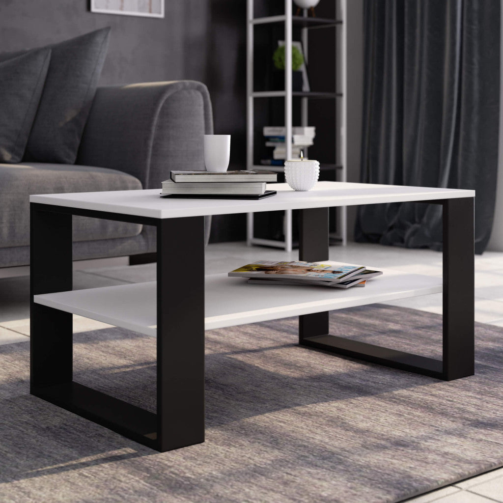 Masuta cafea ALEX cu raft inferior, PAL laminat, 92x53x45 cm, alb si negru
