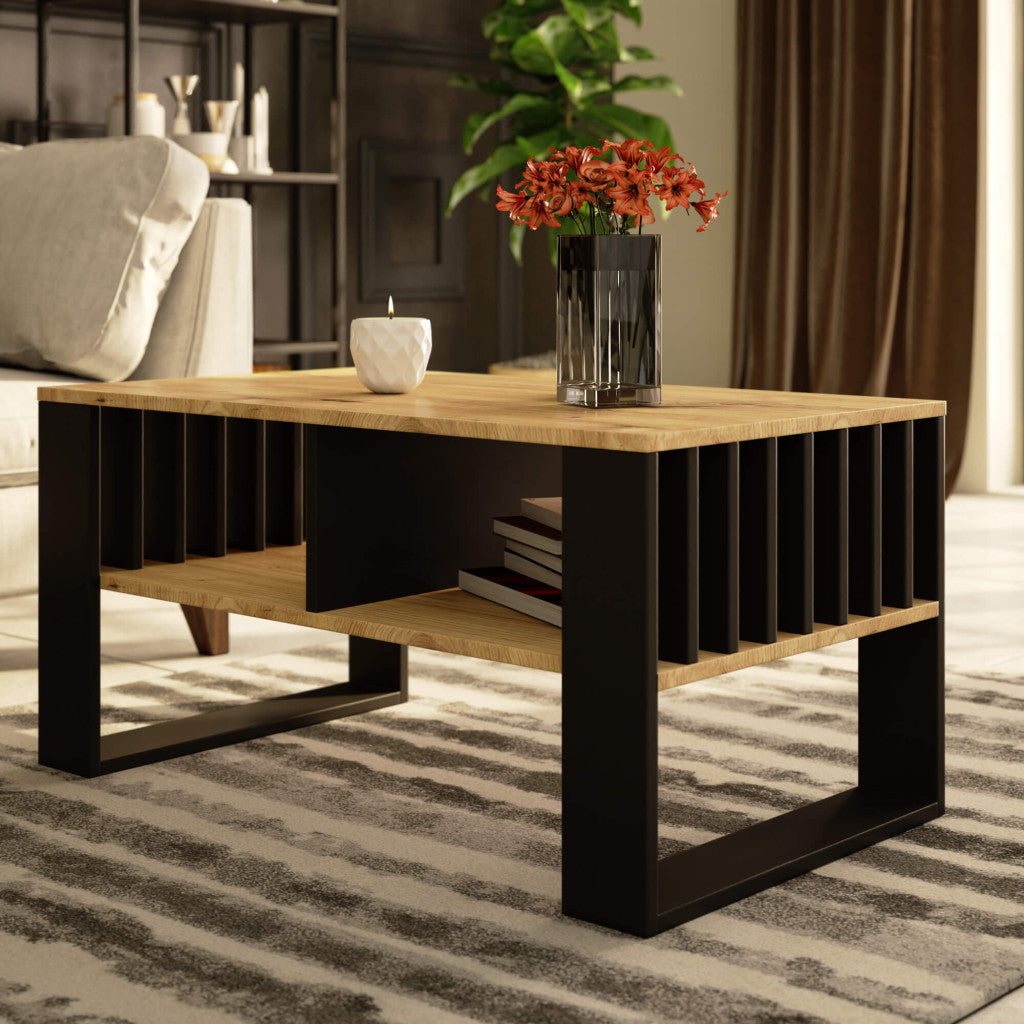 Masuta cafea ROCKFORD, cu blat din PAL, 92x53x45 cm, stejar artisan si negru