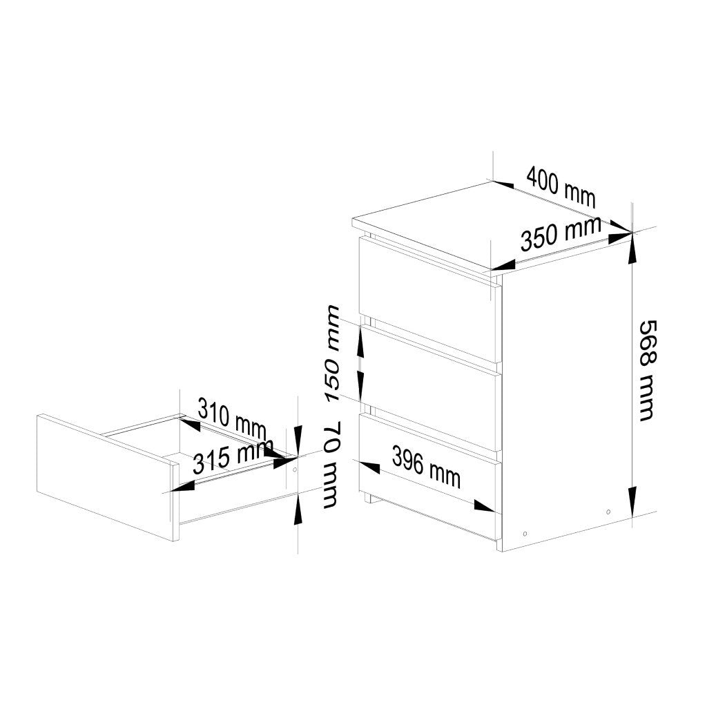 Noptiera cu 3 sertare, PAL laminat 16 mm, 40x35x57 cm, gri
