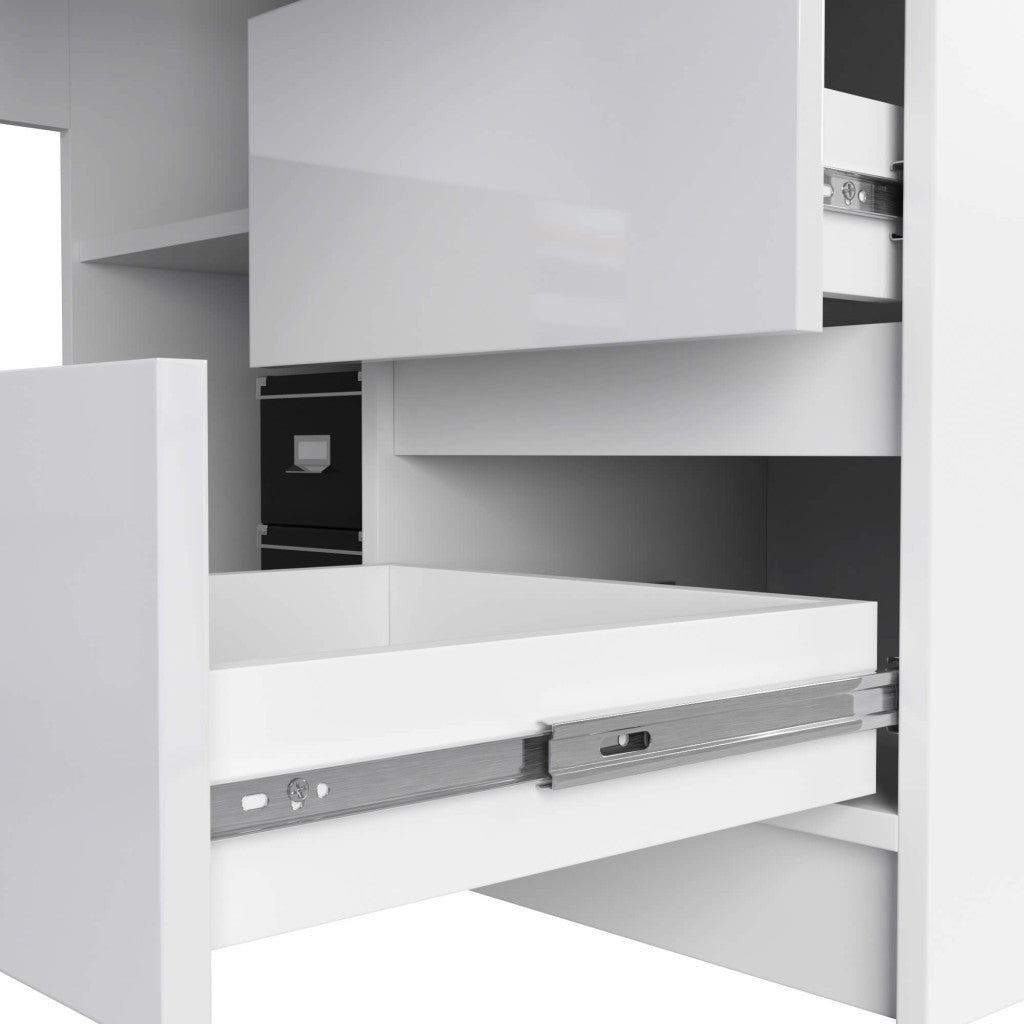 Birou colt dreapta in L cu 3 sertare si rafturi, fronturi din MDF lucios, 155x85x77 cm, alb lucios