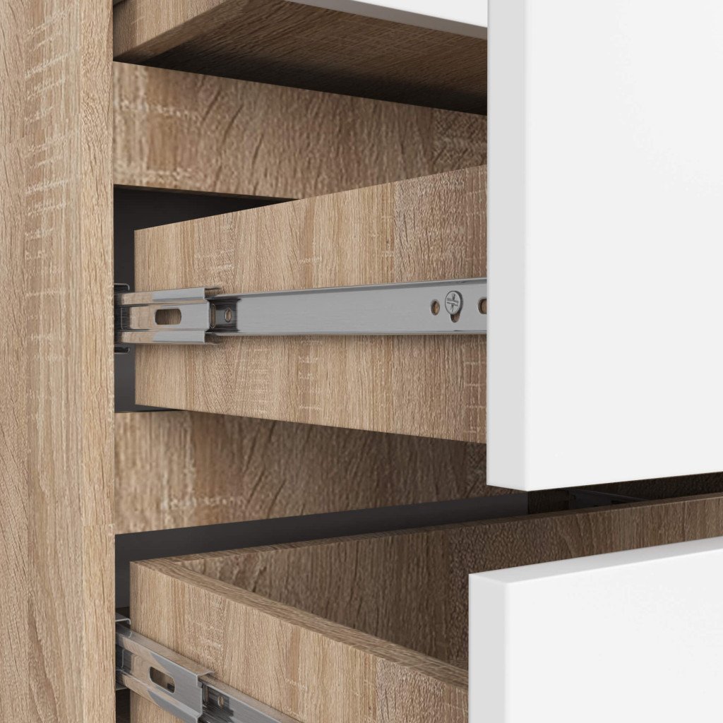 Noptiera cu 3 sertare, PAL laminat 16 mm, 60x35x57 cm, stejar sonoma si alb