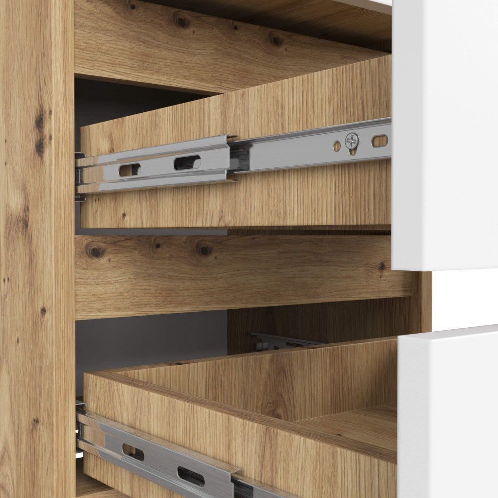 Noptiera cu 3 sertare, PAL laminat 16 mm, 40x35x57 cm, stejar artisan si alb