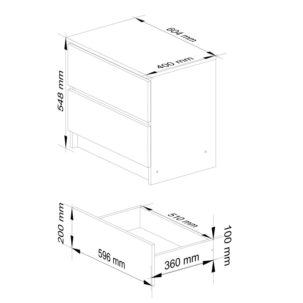Noptiera cu 2 sertare din PAL laminat 16 mm, 60x40x55 cm, stejar artisan si alb