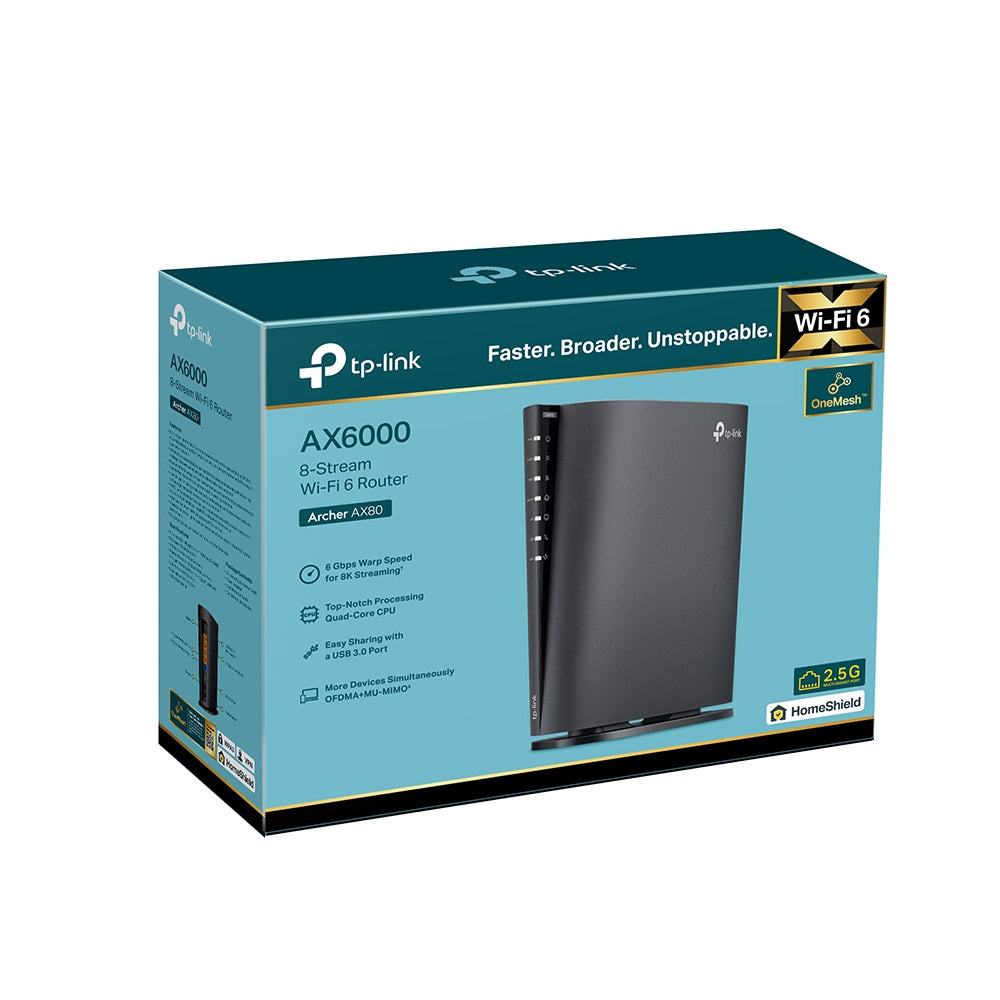 ROUTER TP-LINK wireless AX6000,1 x 2.5 Gbps WAN/LAN, 1 x 1 Gbps WAN/LAN, 3 x Gigabit LAN si 1 x USB 3.0, 2.4 Ghz/5 Ghz dual band, 4 antene interne, WI-FI 6 "Archer AX80"