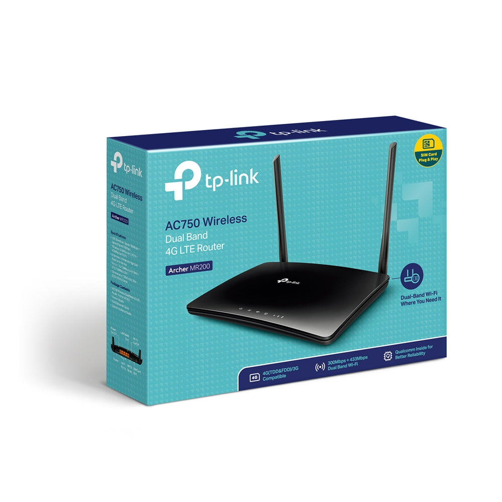 ROUTER TP-LINK wireless. 4G LTE (desktop), 750Mbps, 3 porturi 10/100Mbps + 1 WAN/LAN, AC750, Dual Band slot SIM 4G LTE "Archer MR200"