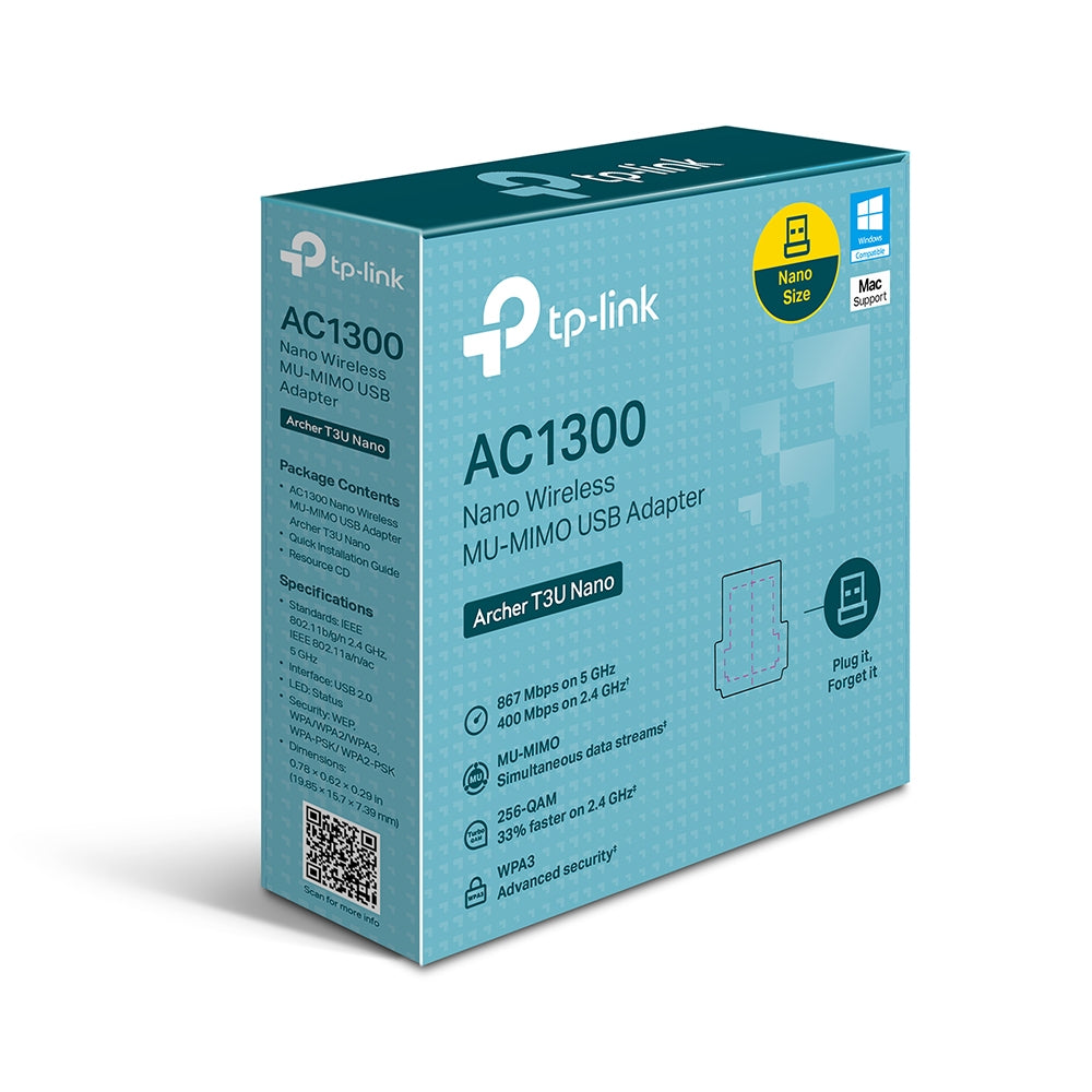 ADAPTOR RETEA TP-LINK AC1300, extern wireless 2.4 GHz | 5 GHz, USB 2.0, port, 1300 Mbps, antena interna x 1, "Archer T3U Nano"