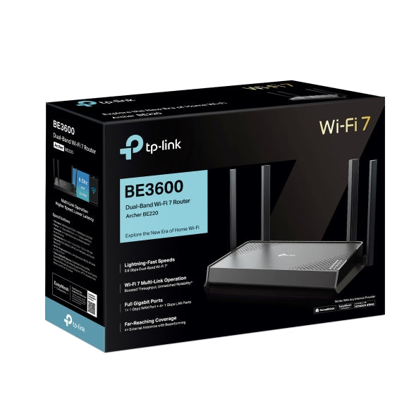 ROUTER TP-LINK wireless BE3600 viteze Wi-Fi 7 Dual-Band de pana la 3600 Mbps 1× port WAN Gigabit, 4 × porturi LAN Gigabit, 2.4 Ghz/5 Ghz dual band, WI-FI 7 "Archer BE220"