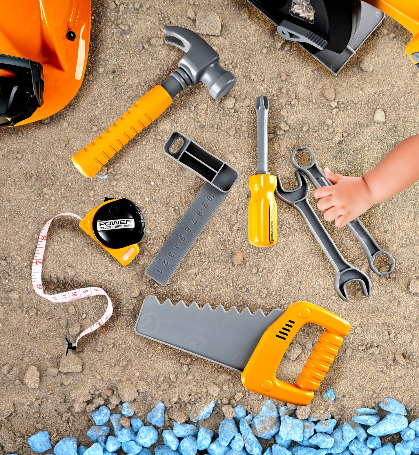 Set unelte pentru copii cu bormasina, fierastrau, casca luminata si vesta de constructor, 29x27x21 cm - 16