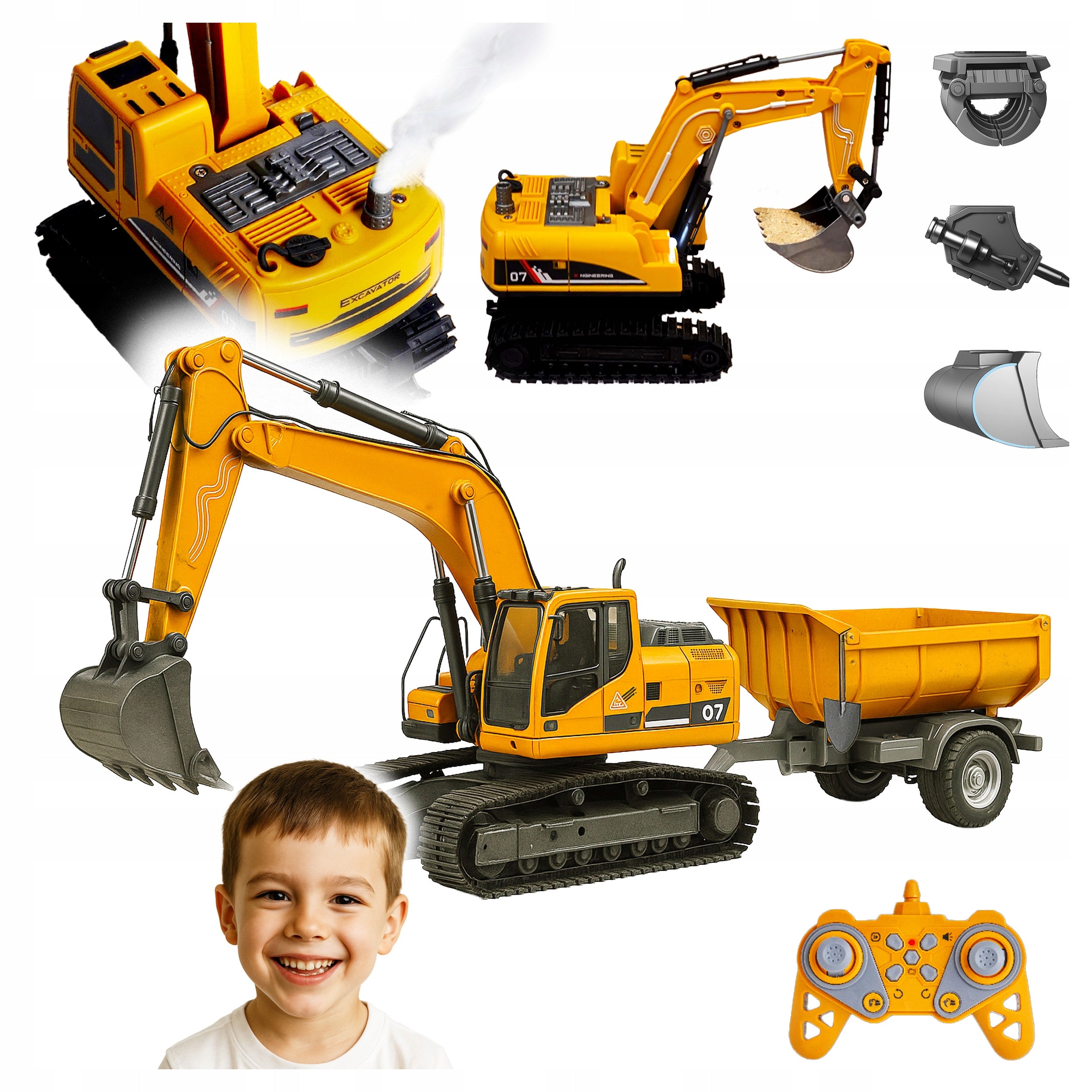 Set utilaje construction RC cu excavator si basculanta, lumini si abur, telecomanda, 3 accesorii incluse