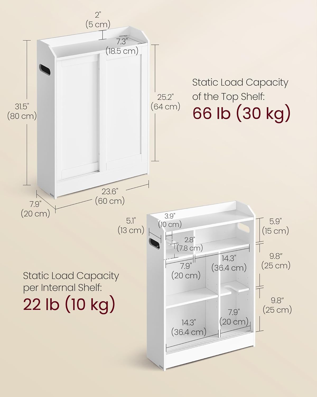 VASAGLE Dulap baie ingust, cu suport hartie igienica si compartiment perie WC, usi glisante, rafturi reglabile, 20x60x80 cm, alb