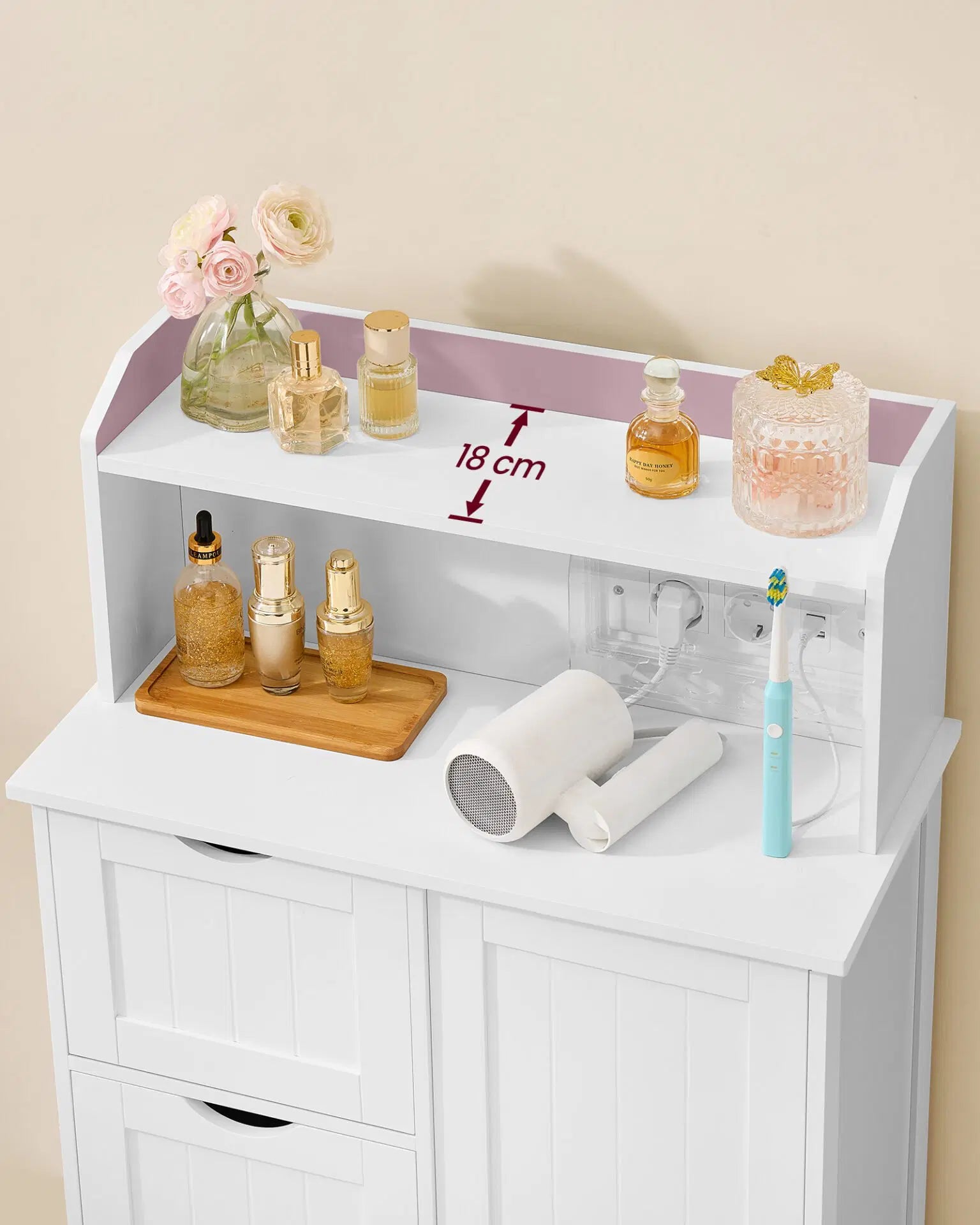 VASAGLE Dulap de baie cu sertare si usa, priza integrata cu USB, rafturi reglabile, MDF, 30x60x100 cm, alb