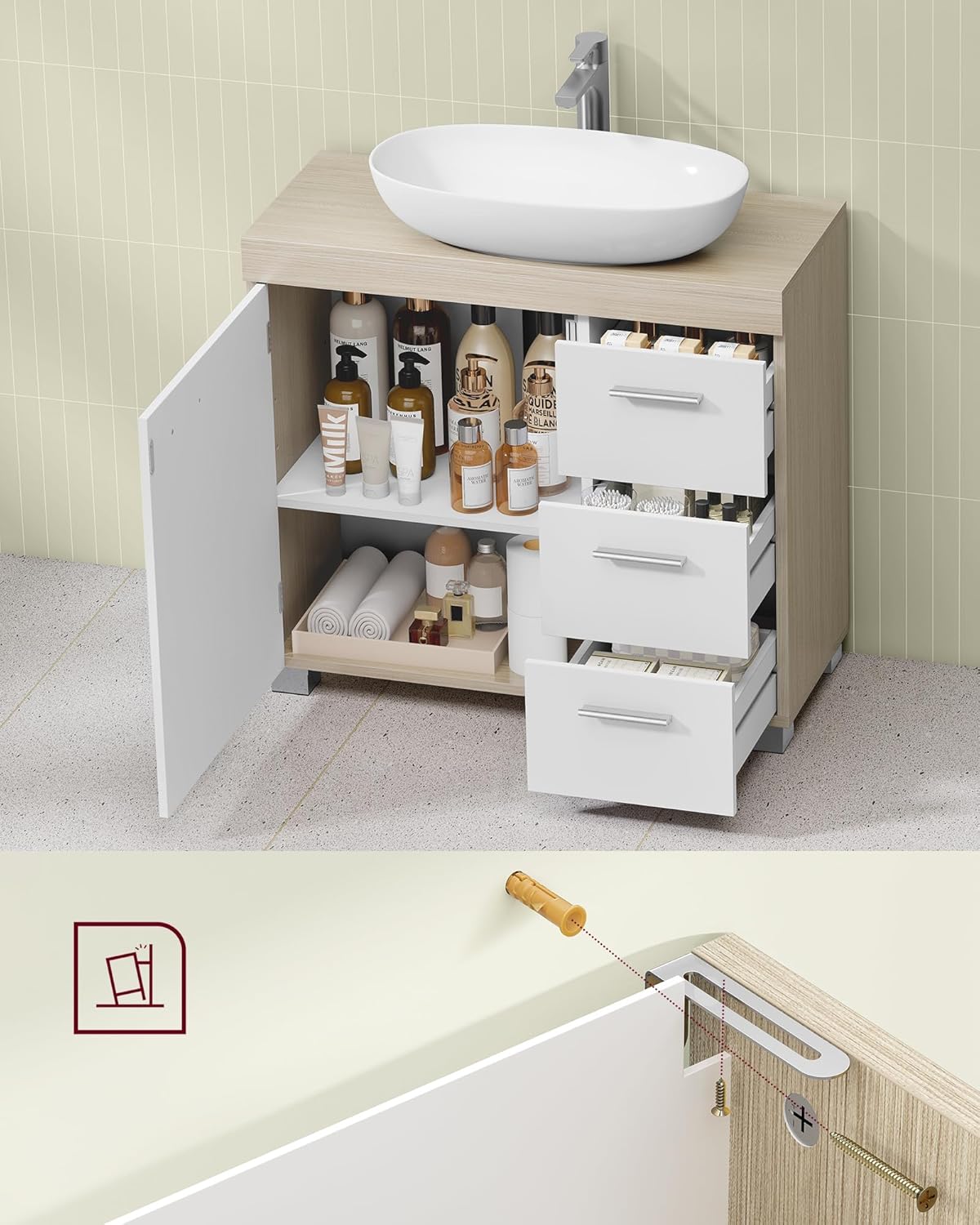 VASAGLE Dulap lavoar baie cu 3 sertare si 2 compartimente, MDF, 30x70x64 cm, alb si bej