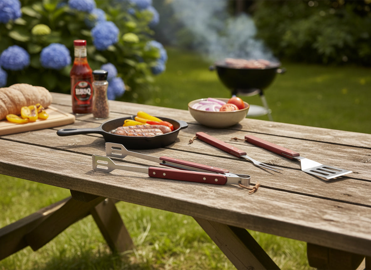 Set 3 ustensile pentru gratar din inox cu maner din lemn, spatula, furculita si cleste