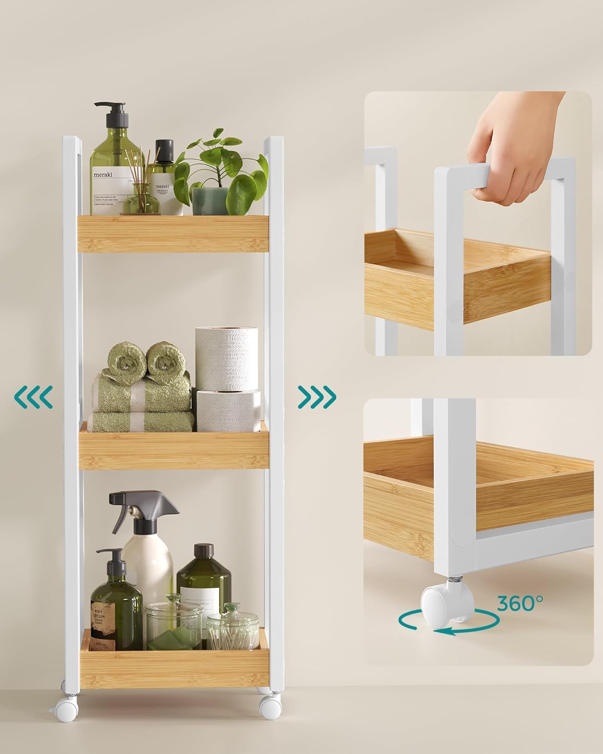 SONGMICS Carucior de baie, raft ingust cu roti, bambus si MDF, 20x30x80 cm, alb si maro natur