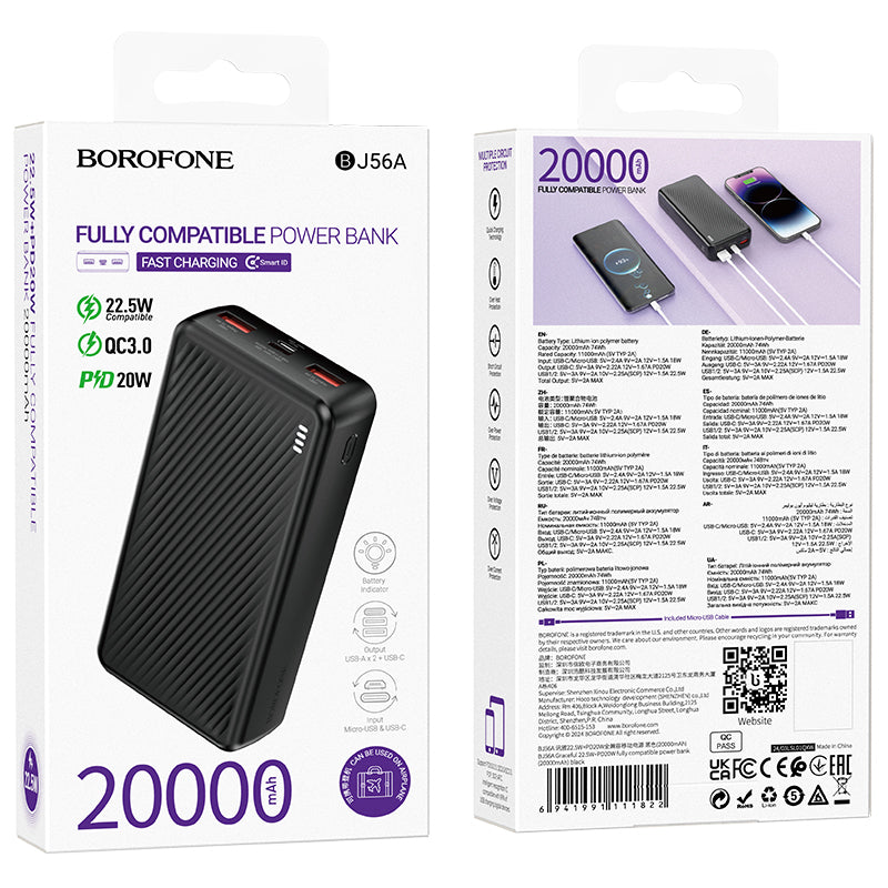 POWER BANK Borofone "BJ56A", 20000mAh, 22.5W, 2 x USB; 1 x USB Type-C, 1 x Micro USB, total 2A, negru, "6941991111822"