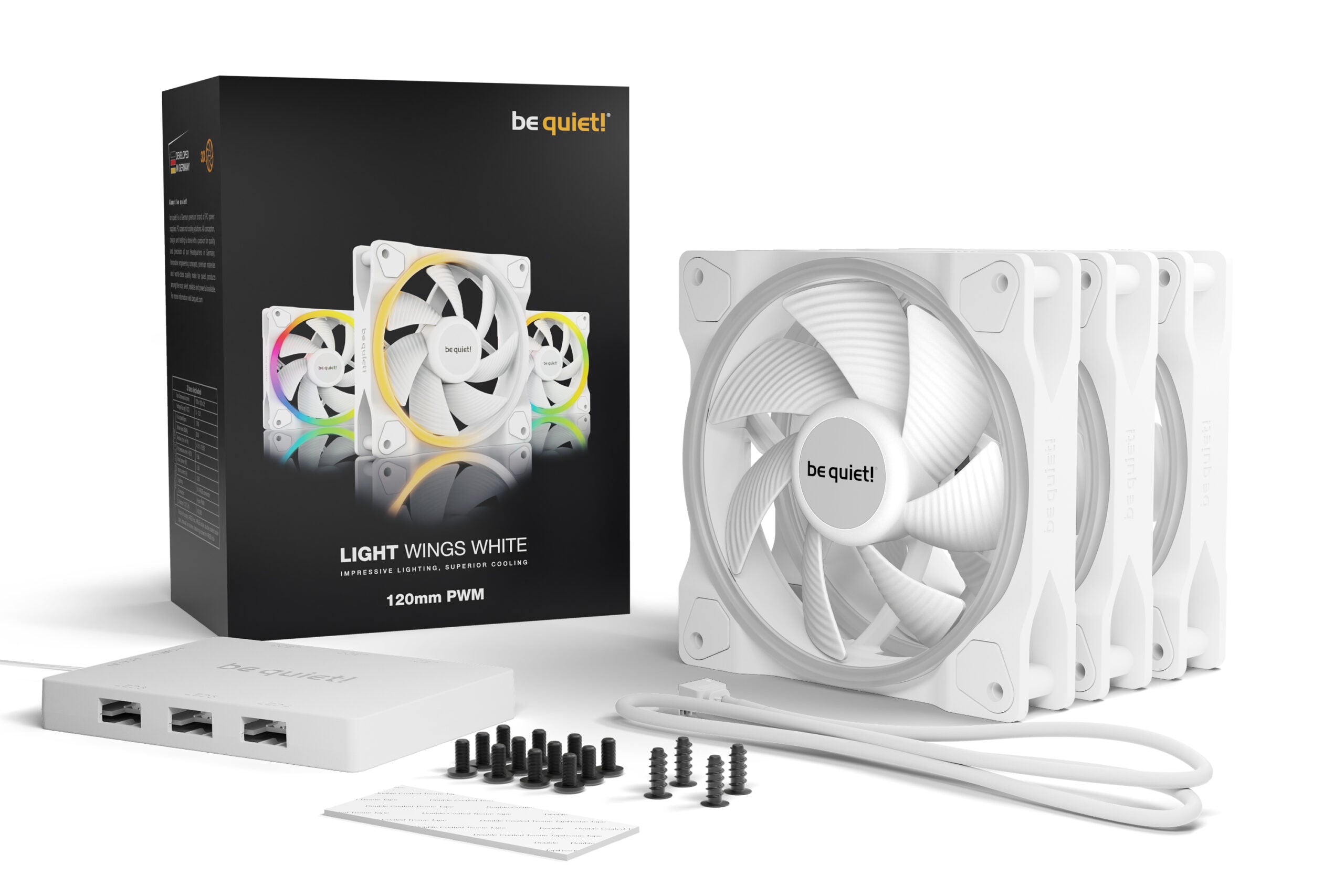 Set 3 ventilatoare be quiet! "LIGHT WINGS White"120mm 1700 rpm, Rifle bearing, 4-pin PWM, ARGB LED, "BL100"