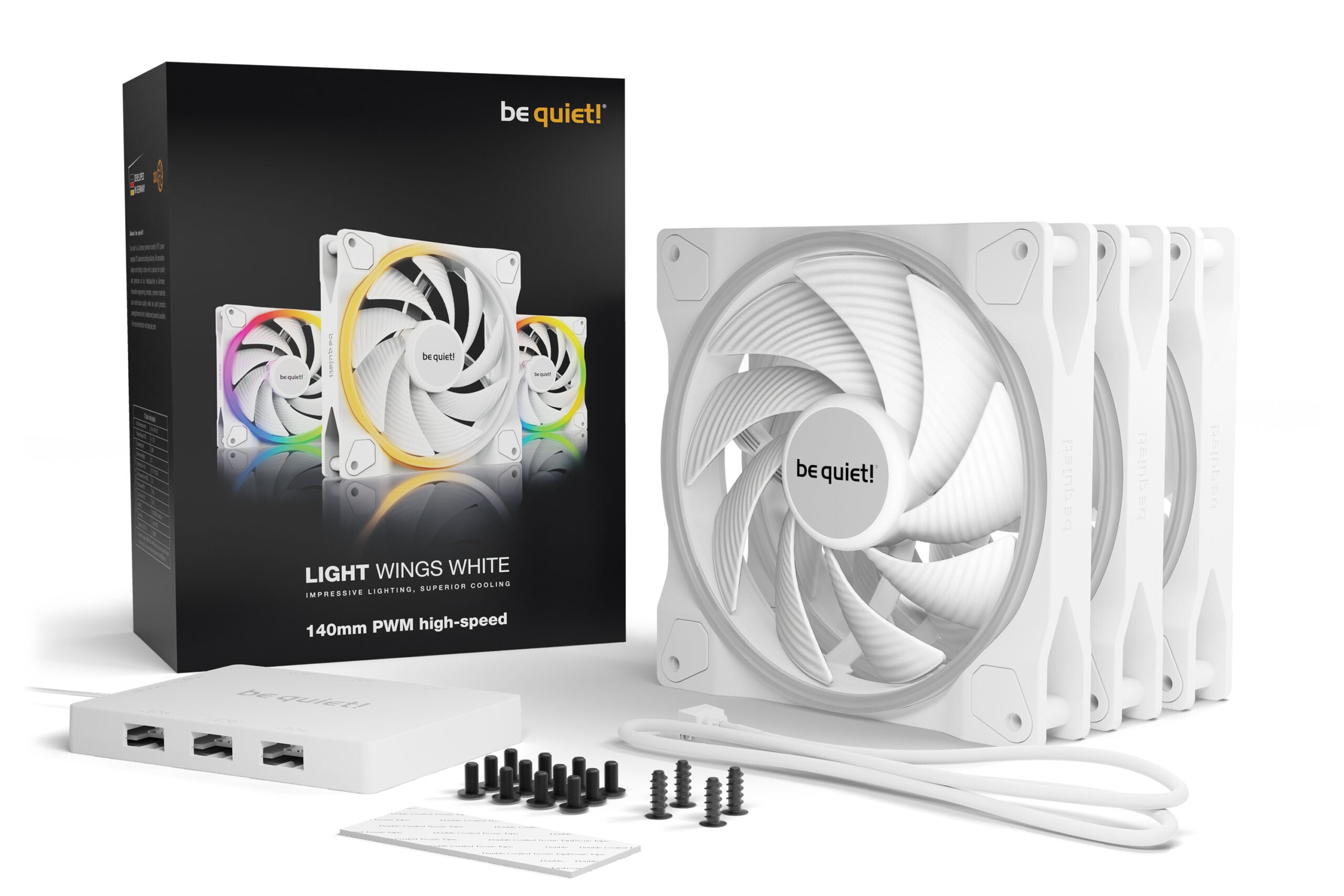 Set 3 ventilatoare be quiet! "LIGHT WINGS White"140mm 2200 rpm, Rifle bearing, 4-pin PWM, ARGB LED, "BL103"