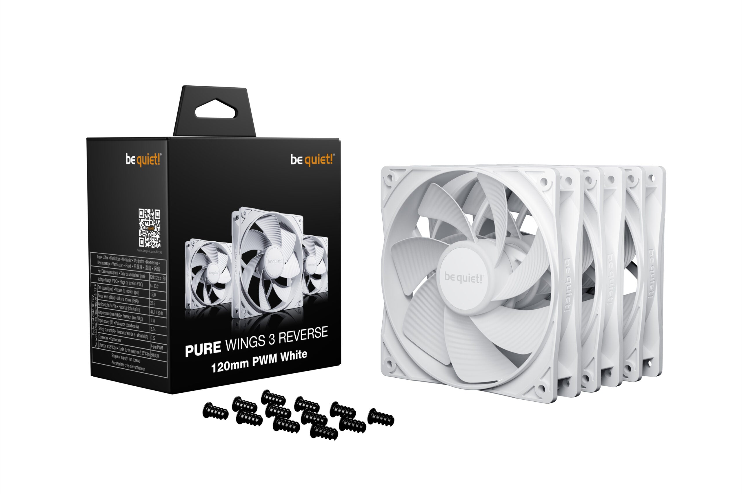 Set 3 ventilatoare be quiet "PURE WINGS 3", 120mm, 1500 RPM max, Rifle Bearing, 80 cfm, 4pin PWM, alb, "BL136" -