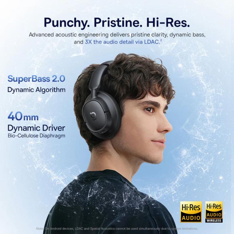CASTI Baseus Bowie Bass BH1 NC Wireless Noise Cancelling, over ear, 40mm Dynamic Drivers, autonomie 80 ore, microfon pe casca, conectare prin Bluetooth 6.0, negru "A0203703" (timbru verde 0.18 lei) - 6932172696993