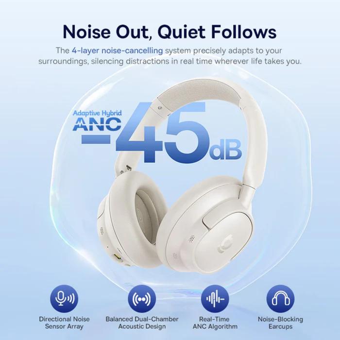 CASTI Baseus Bowie Bass BH1 NC Wireless Noise Cancelling, over ear, 40mm Dynamic Drivers, autonomie 80 ore, microfon pe casca, conectare prin Bluetooth 6.0, alb "A0203702" (timbru verde 0.18 lei) - 6932172697006