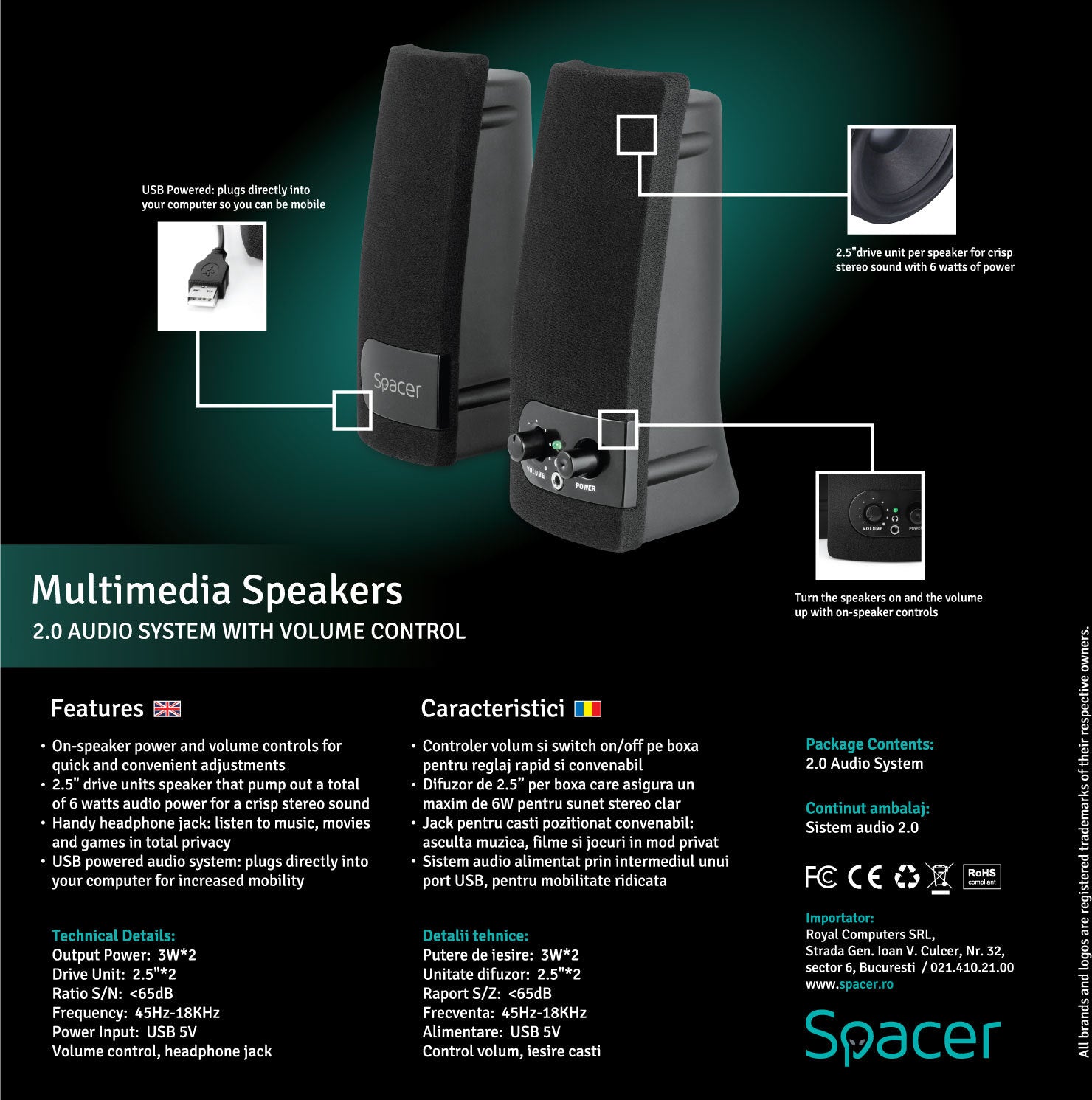BOXE SPACER 2.0, RMS: 6W (2 x 3W), control volum, mufa casti, USB power, black, "SPB-216" /43501556