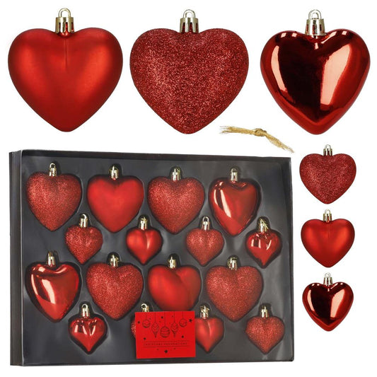 Set globuri decorative in forma de inima, 16 bucati, plastic, 4-7 cm, rosu - 2
