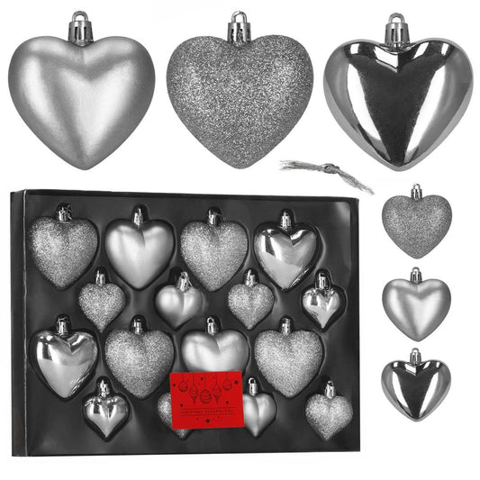 Set globuri decorative in forma de inima, 16 bucati, plastic, 4-7 cm, argintiu - 2