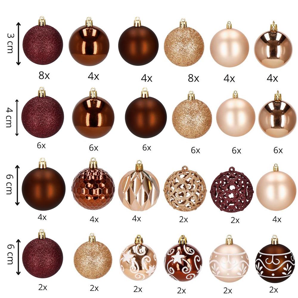 Set globuri brad si varf stea, 101 piese, plastic, 3–7 cm, maro si rose gold