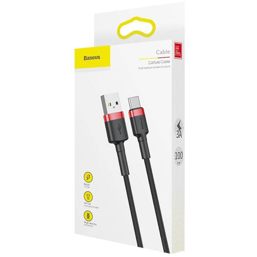 CABLU alimentare si date Baseus Cafule, Fast Charging Data Cable pt. smartphone, USB la USB Type-C 3A, 1m, rosu + negru "CATKLF-B91" - 6953156278219