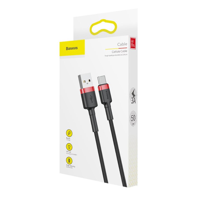 CABLU alimentare si date Baseus Cafule, Fast Charging Data Cable pt. smartphone, USB la USB Type-C 2A, 3m, rosu+negru "CATKLF-U91" - 6953156296350