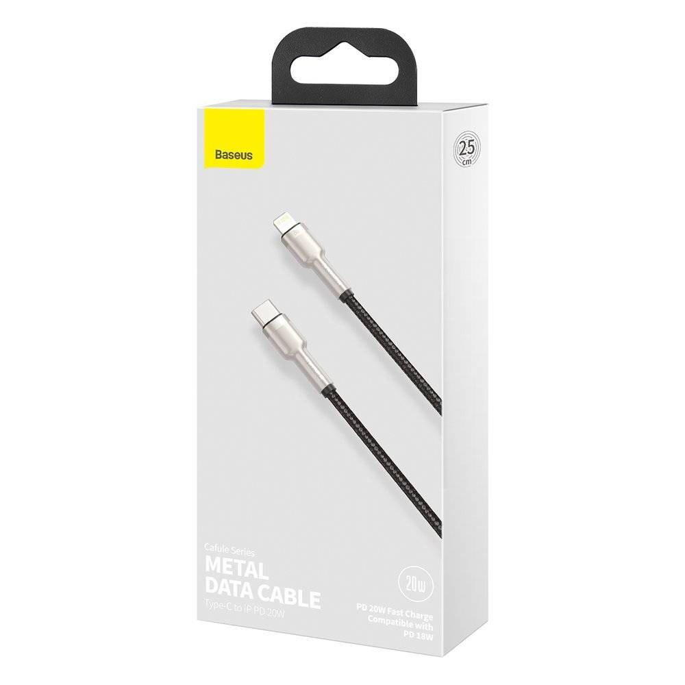 CABLU alimentare si date Baseus Cafule Metal, Fast Charging Data Cable pt. smartphone, USB Type-C la Lightning Iphone PD 20W, braided, 0.25m, negru "CATLJK-01" - 6953156202054