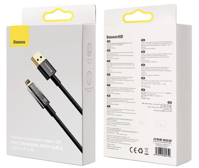 CABLU alimentare si date Baseus Explorer, Fast Charging Data Cable pt. smartphone, USB la Lightning 2.4A, 2m, Auto Power-Off, negru transparent "CATS000501" - 6932172605773