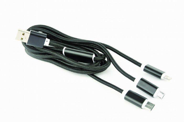 CABLU alimentare si date GEMBIRD, USB 2.0(T) la Lightning(T)+Micro-USB 2.0(T)+USB 2.0 Type-C(T),1m,impletit,incarcare simultana a 3 tipuri de telef,negru, "CC-USB2-AM31-1M"