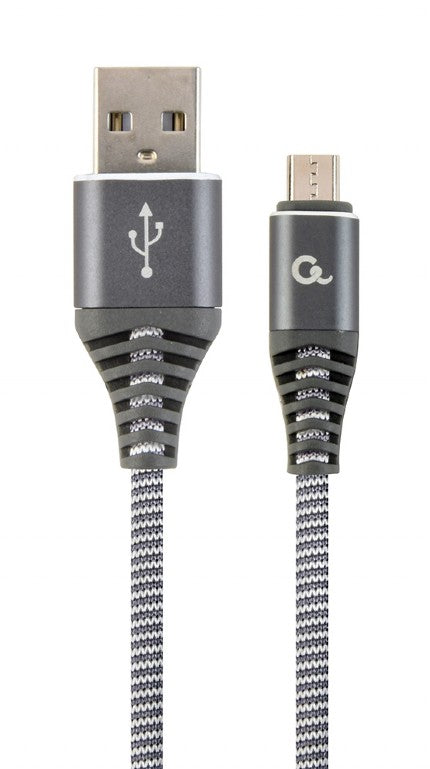 CABLU alimentare si date GEMBIRD, pt. smartphone, USB 2.0(T) la Micro-USB 2.0(T),2m, premium,impletire din bumbac,gri-metalizat cu insertii albe, "CC-USB2B-AMmBM-2M-WB2"