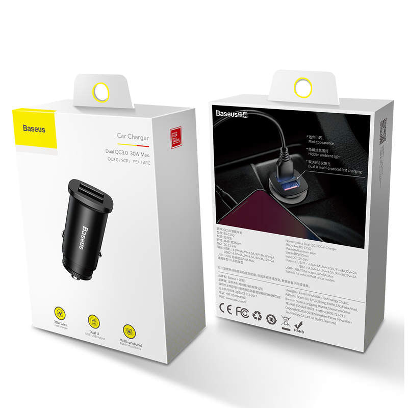 INCARCATOR AUTO Baseus Metal, QC3.0, 2 x USB, total output 30W, pt. bricheta auto, negru "CCALL-DS01" - 6953156284180