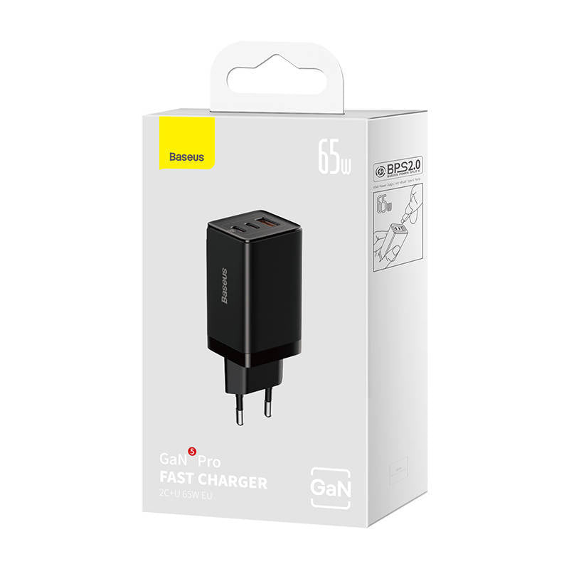 INCARCATOR RETEA Baseus GaN5 PRO, Quick Charge 65W, 2 x USB Type-C Output 5V/3A, 1 x USB, include cablu USB Type-C la USB Type-C 100W, 1m, negru "CCGP120201" - 6932172617523